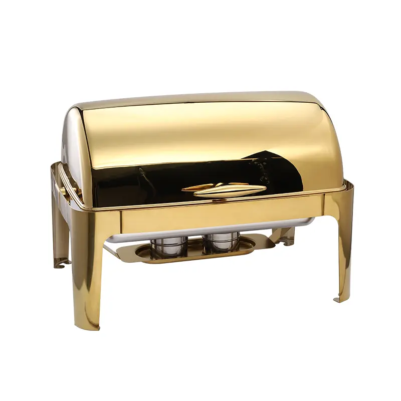 9QT gilded golden rectangle roll top cover stainless steel buffet chafing dish (2)