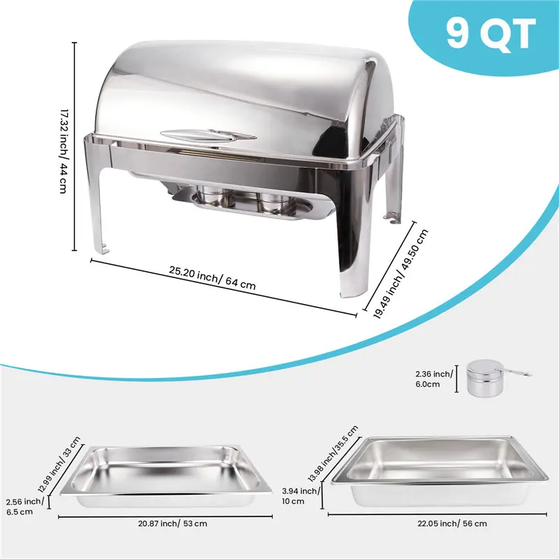 9QT rectangle roll top cover stainless steel buffet chafing dish (5)