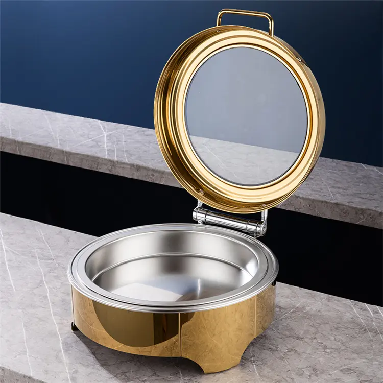 Golden 6QT round stainless steel round visible self-closing lid chafing dish with window (1)