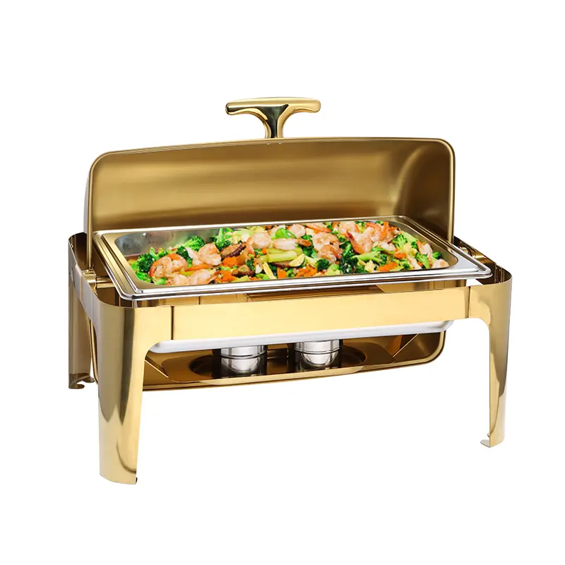 9QT gilded golden rectangle roll top cover stainless steel buffet chafing dish (1)