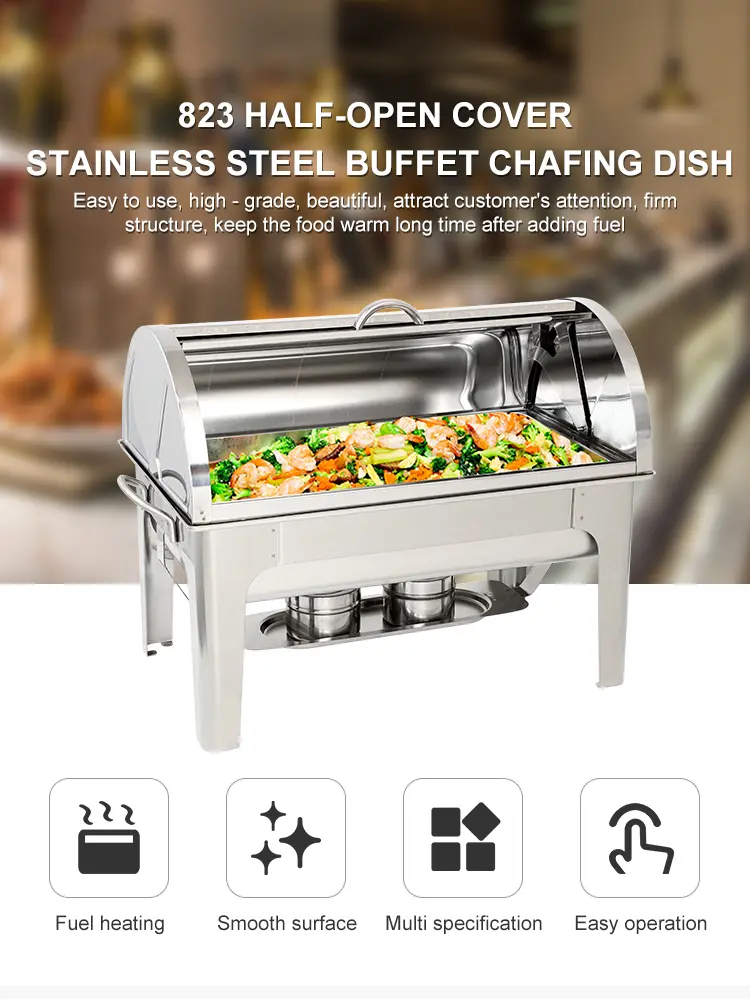 Stainless Steel Buffet Chafing Dish with a 9QT Rectangle Roll - Top Cover (2)