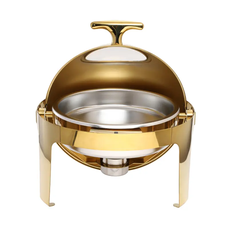 6QT gild gold plated round roll top visible cover stainless steel buffet chafing dish with window (2)